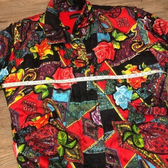 VTG 80s Elements Bright Colourful Floral Paisley Art Print Long Bomber Jacket - Picture 11 of 12